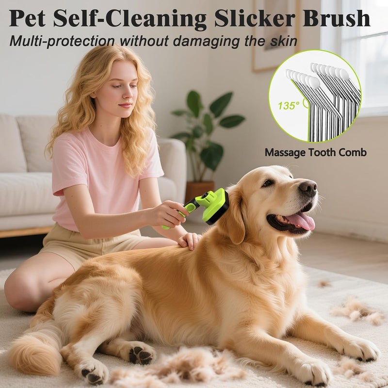 HSC 2PCS Self Cleaning Slicker Brush & Dog Comb - Skin Friendly Deshedding Grooming Tool for Dogs, Cats and Small Animals, Professional Deshedding Dematting Tool for Long and Short Haired Pets (Green) - Image 2